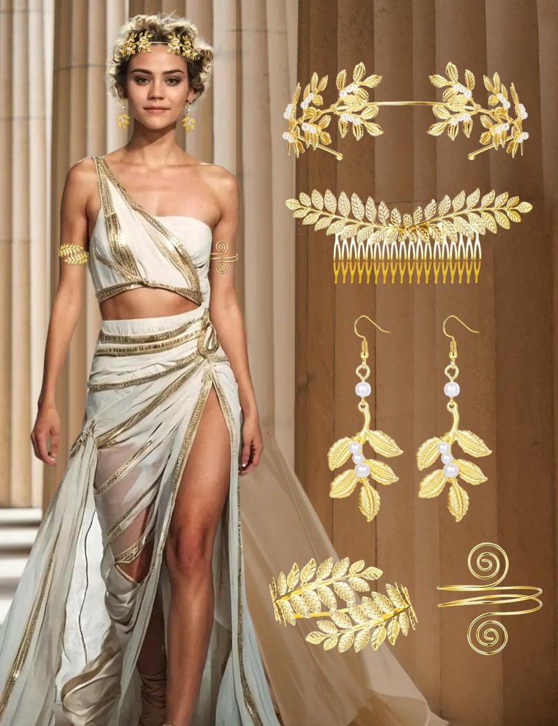 LOYALLOOK 5Sets Grecian Goddess Costume Accessories Set Greek Leaf Headband Coil Bracelet Artificial Pearl Earrings Golden Leaves Bridal Hair Comb for Women Wedding Party - Image 3